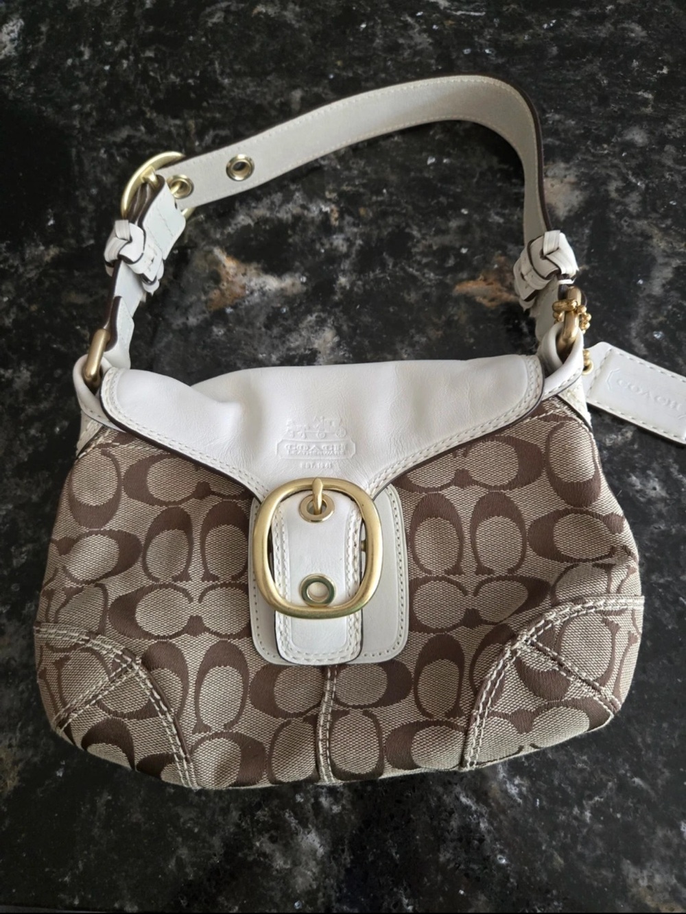 Coach Signature Canvas Small Hobo Bag in Khaki/White rare soho bleeker